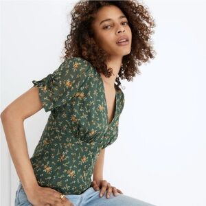 Madewell Green Fitted Ruched Short Sleeve Blouse